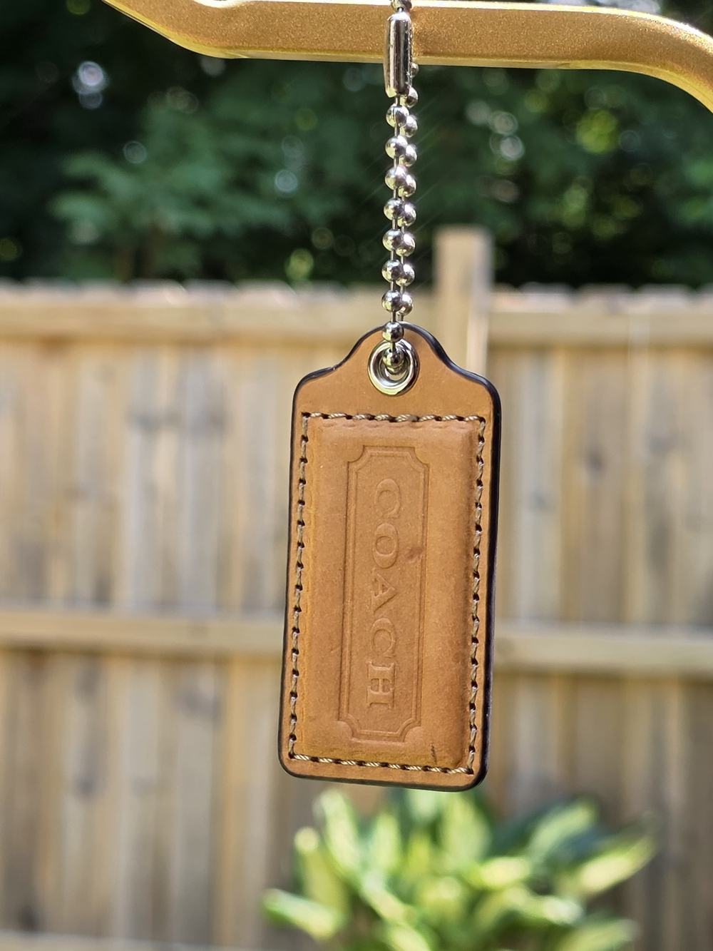 COACH Large Tan Leather Hangtag W/ Silver Ball Chain